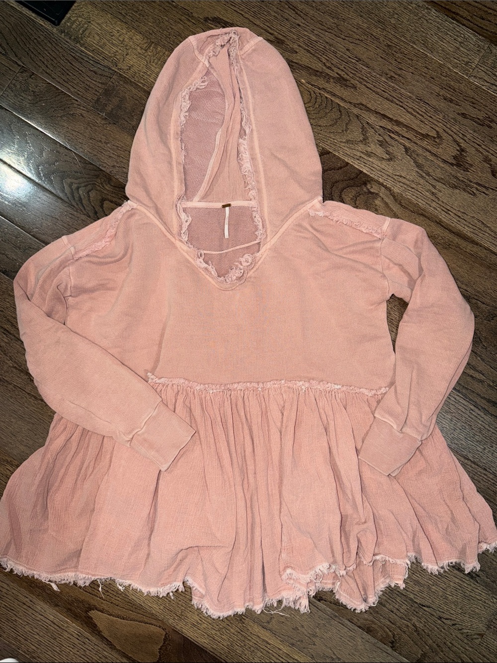 Free People Blush Pink Hooded Babydoll Tunic Raw Edge Ruffle Sweatshirt S